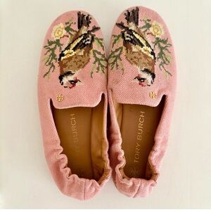 Tory Burch Pink Bird Embroidered Flats